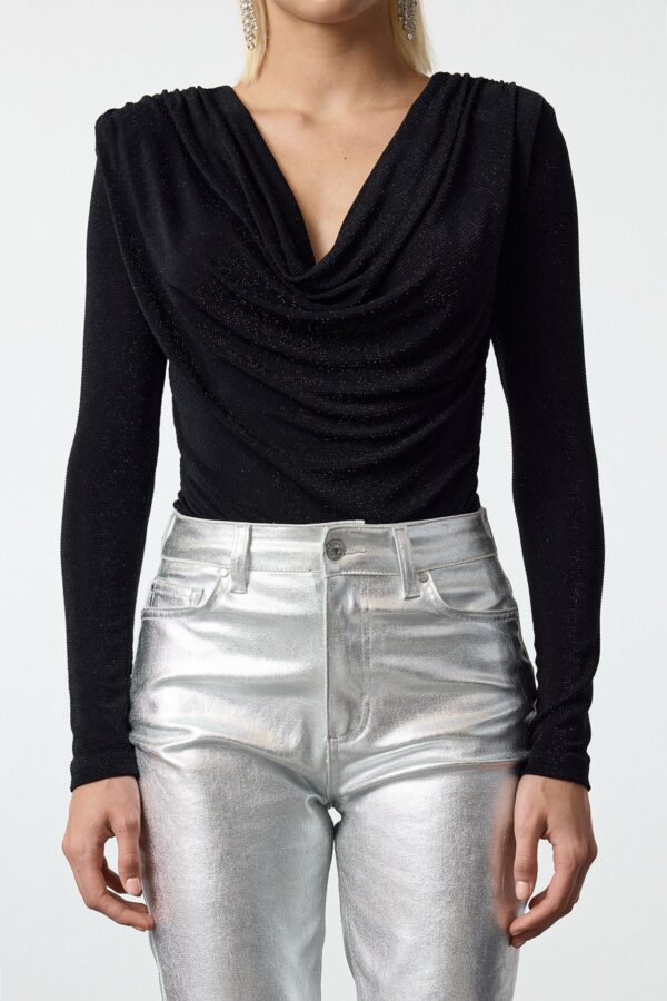 Trendyol Black Ruffle Collar Glitter Knitted Bodysuit