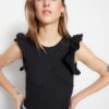 Trendyol Black Ruffle Detail Ribbed Crew Neck Flexible Snaps Knitted Bodysuit