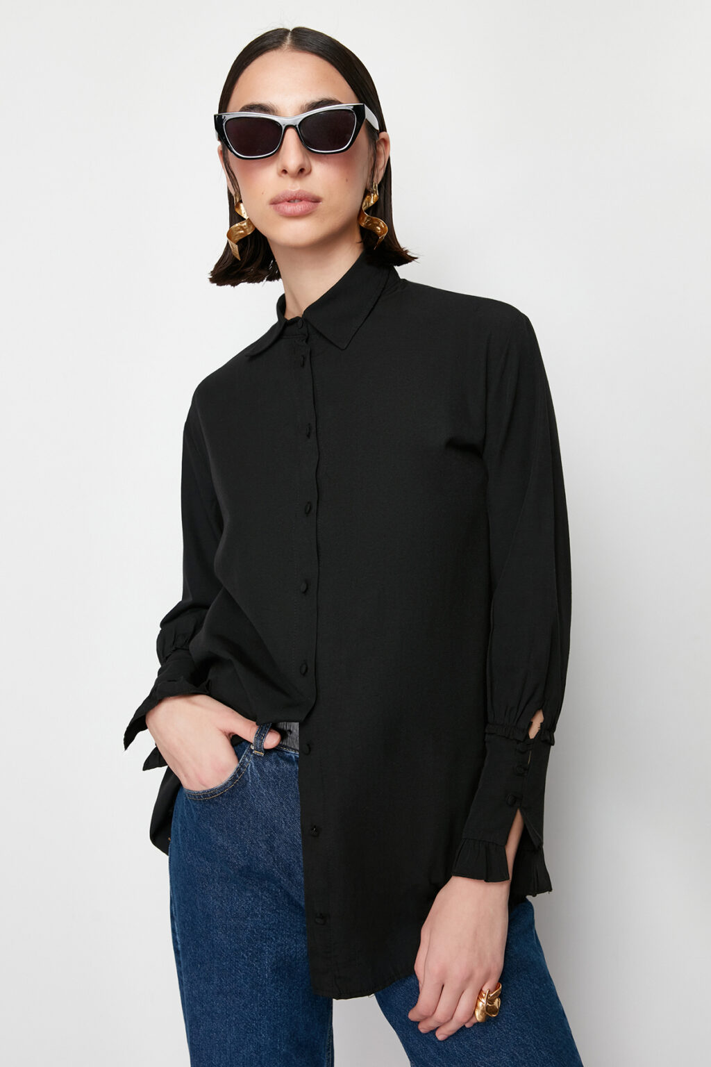 Trendyol Black Ruffle Detailed Cotton Woven Shirt