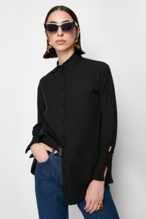 Trendyol Black Ruffle Detailed Cotton Woven Shirt