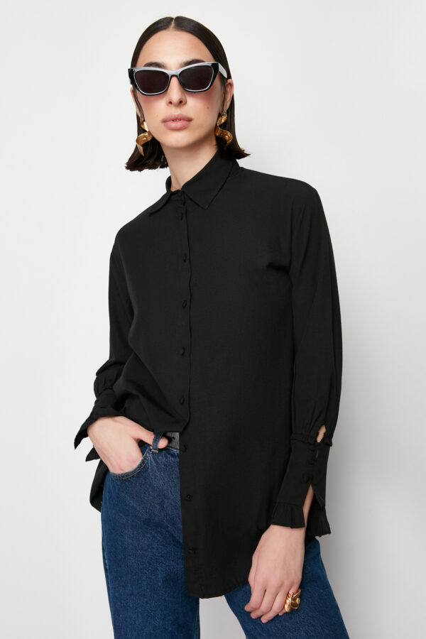 Trendyol Black Ruffle Detailed Cotton Woven Shirt