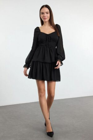 Trendyol Black Ruffle Mini Chiffon Lined Woven Dress