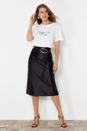 Trendyol Black Satin A-Line/Bell Form Midi Knitted Skirt