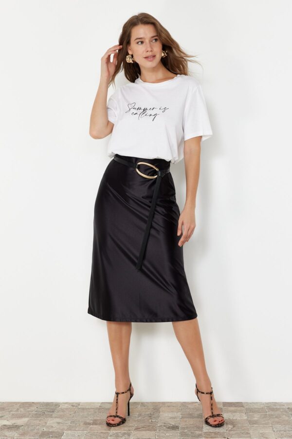 Trendyol Black Satin A-Line/Bell Form Midi Knitted Skirt