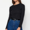 Trendyol Black Sheer Textured Fabric Regular Fit Crew Neck Blouse