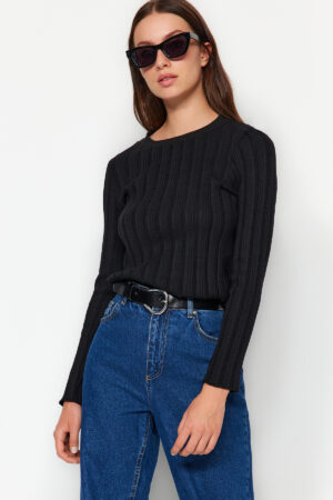 Trendyol Black Sheer Textured Fabric Regular Fit Crew Neck Blouse