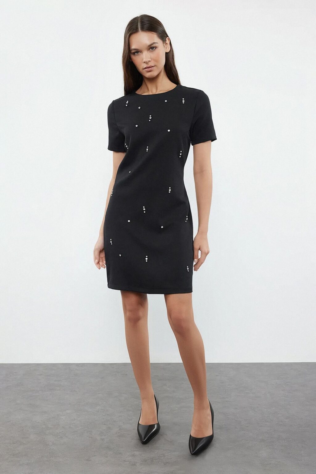 Trendyol Black Shift/Plain Pattern Stone Embroidered Mini Woven Dress