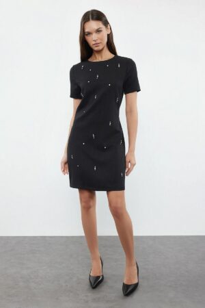 Trendyol Black Shift/Plain Pattern Stone Embroidered Mini Woven Dress