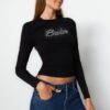 Trendyol Black Shiny Stone Printed Cotton Fitted Crop Knitted Blouse