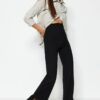 Trendyol Black Side Slits Flare/Spanyol láb magas derékú kötött nadrág