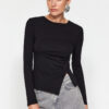 Trendyol Black Single Slit Detail Cotton Gathered Crew Neck Knitted Blouse