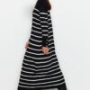 Trendyol Black Sleeve Button részletes csíkos kötöttáru ruha