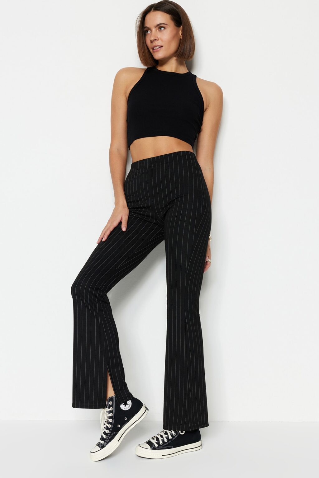 Trendyol Black Smart Slit Flare/spanyol láb magas derékú csíkos kötött leggings nadrág