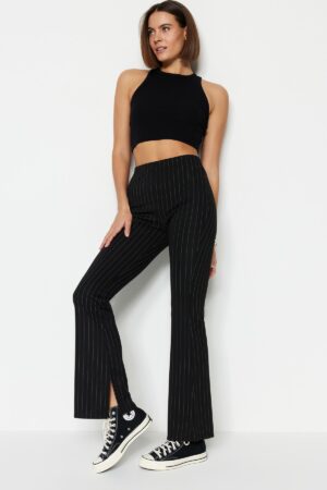 Trendyol Black Smart Slit Flare/spanyol láb magas derékú csíkos kötött leggings nadrág