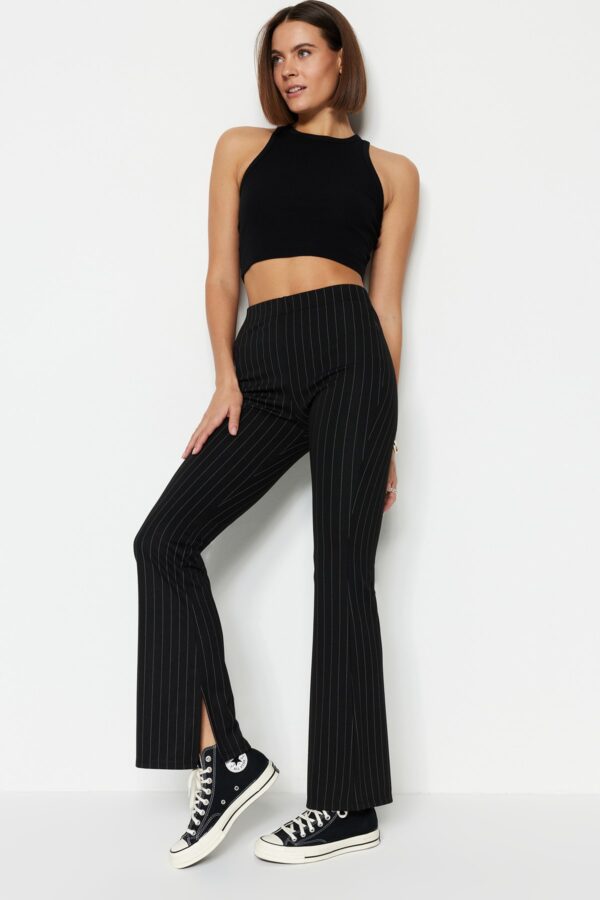 Trendyol Black Smart Slit Flare/spanyol láb magas derékú csíkos kötött leggings nadrág