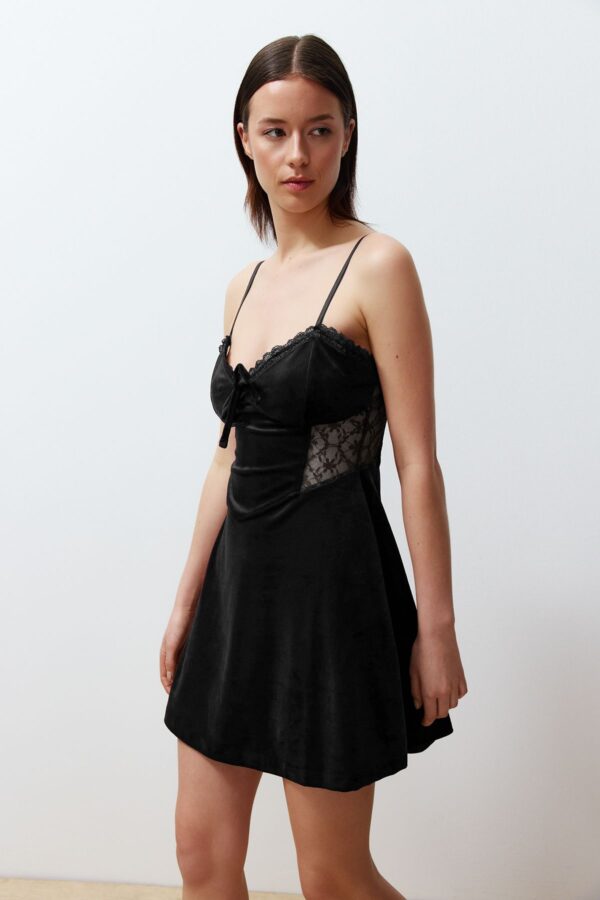 Trendyol Black Soft Feeling Lace Rope Strap Velvet Knitted Nightgown