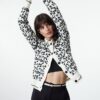 Trendyol Black Soft Texture Leopard Patterned Polo Collar Knitwear Cardigan