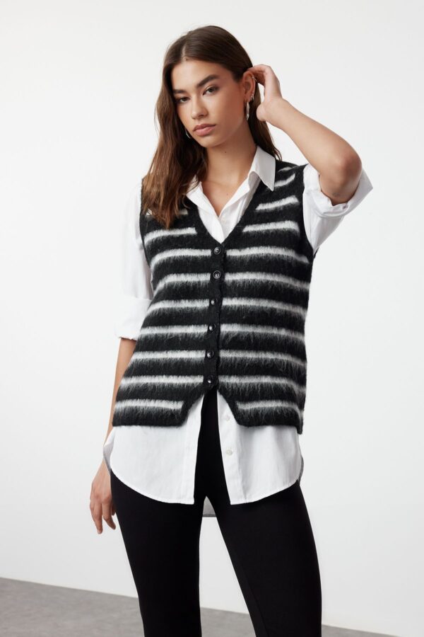 Trendyol Black Soft Texture Striped V Neck Regular Vest