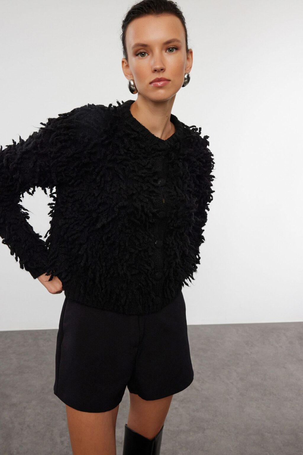 Trendyol Black Soft Texture Tassel Coat Knitwear Cardigan