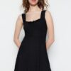 Trendyol Black Square Neck Flounce A-Line Mini kötött ruha