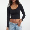 Trendyol Black Square Neck Lace Detailed Crop/Short Knitted Blouse