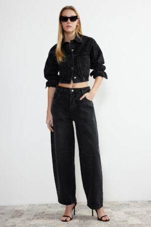 Trendyol Black Stitch Detail Belt Buckle on Back High Waist Barrel Jeans