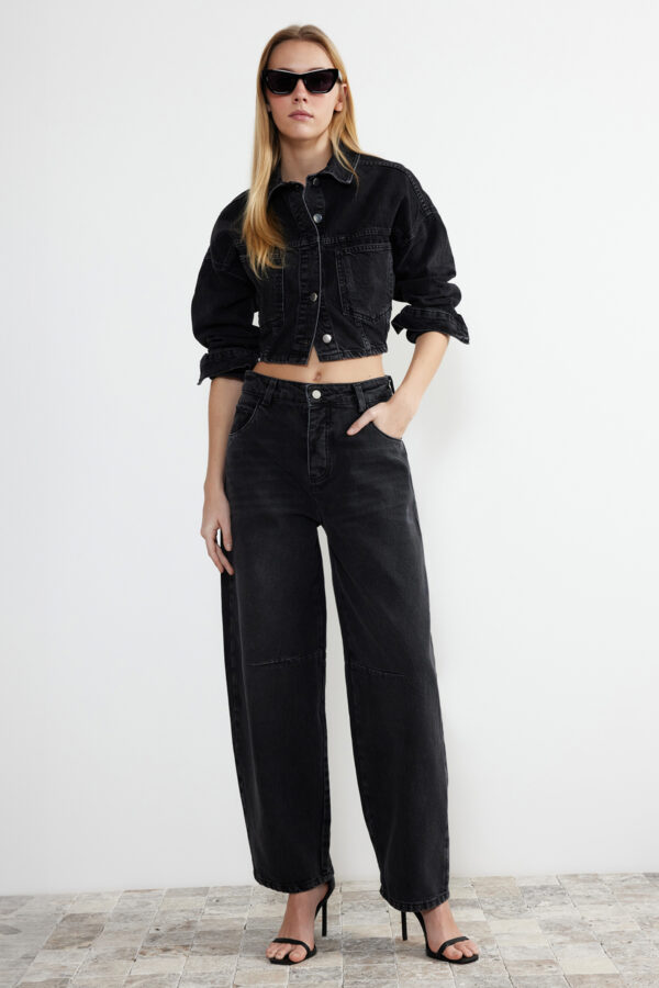 Trendyol Black Stitch Detail Belt Buckle on Back High Waist Barrel Jeans