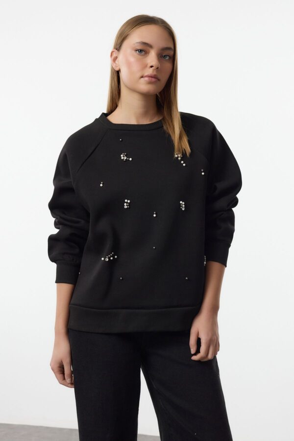 Trendyol Black Stone Detailed Relaxed/Comfortable Thick Inside Polar Fleece Knitted Sweatshirt