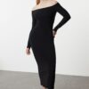 Trendyol Black Straight Carmen Neck Bodycone/Fitting Flexible Maxi Knitted Dress
