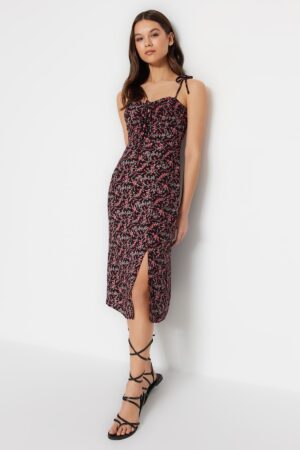 Trendyol Black Straight Cut Midi szőtt Strappy Heart Neck mintás szőtt ruha