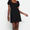Trendyol Black Straight Cut Mini Woven Chiffon Lined Square Collar Woven Dress