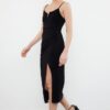 Trendyol Black Strap Slit Gathered Cutout V-Neck Detailed Flexible Knitted Midi Pencil Dress