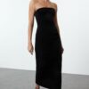 Trendyol Black Strapless Velvet Knitted Chic Midi New Year's Eve Evening Dress