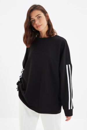 Trendyol Black Stripe Detailed Oversize/Wide Fit Thin Knitted Sweatshirt