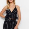 Trendyol Black Striped Back Tie Detail Woven Pajama Set with Rope Strap Viscose Shorts