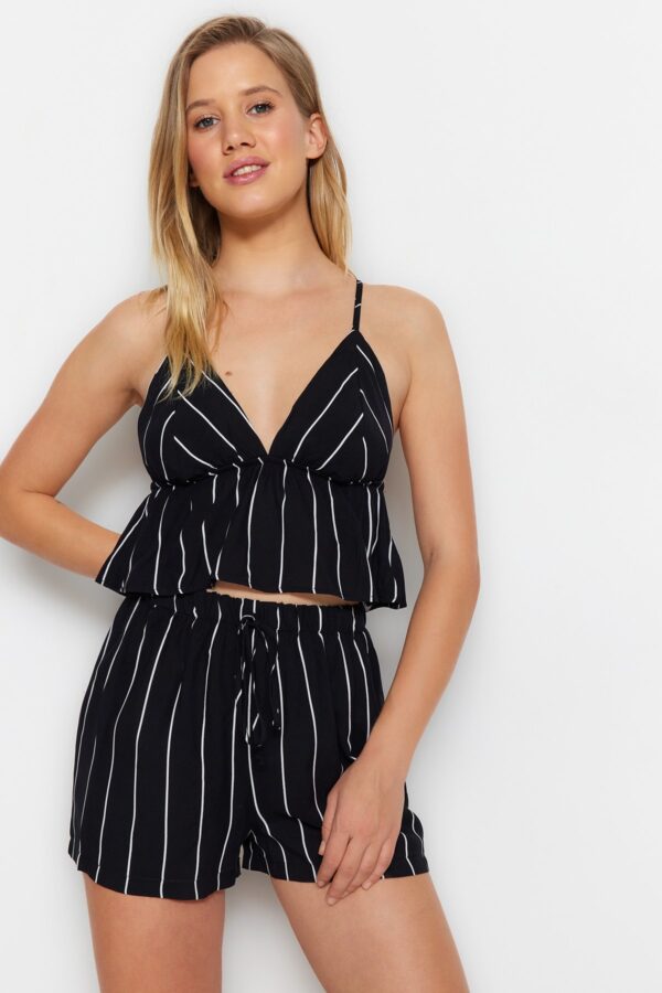 Trendyol Black Striped Back Tie Detail Woven Pajama Set with Rope Strap Viscose Shorts