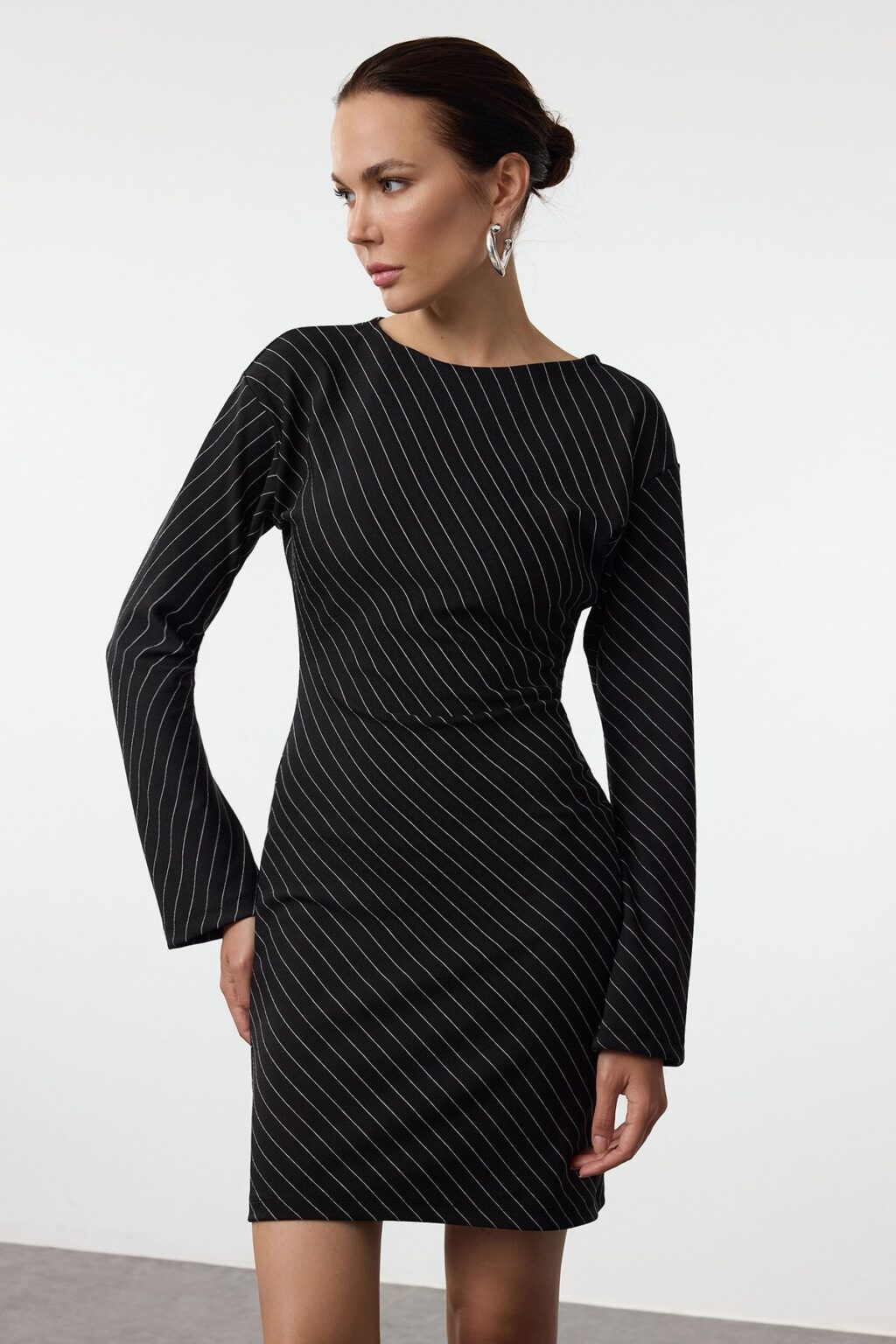 Trendyol Black Striped Bodycone Gather/Drape Mini Knit Dress