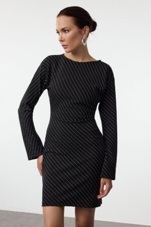 Trendyol Black Striped Bodycone Gather/Drape Mini Knit Dress