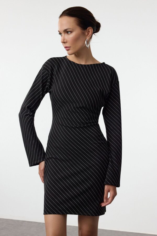 Trendyol Black Striped Bodycone Gather/Drape Mini Knit Dress