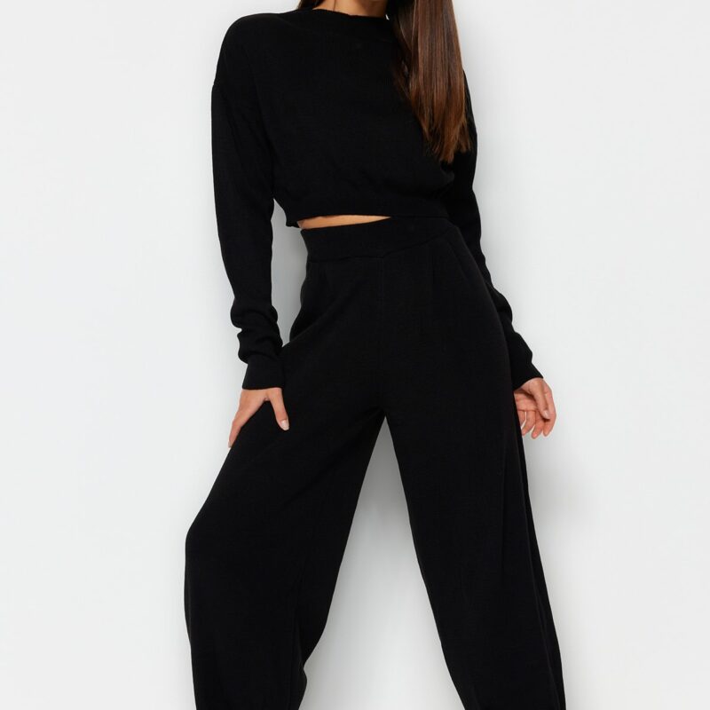 Trendyol Black Super Crop Jogger Trousers Knitwear Bottom-Top Set