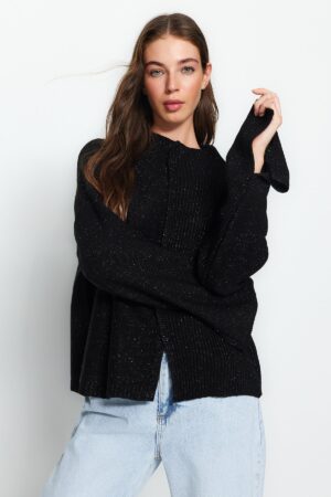 Trendyol Black Super Wide Fit ezüstös kötöttáru pulóver