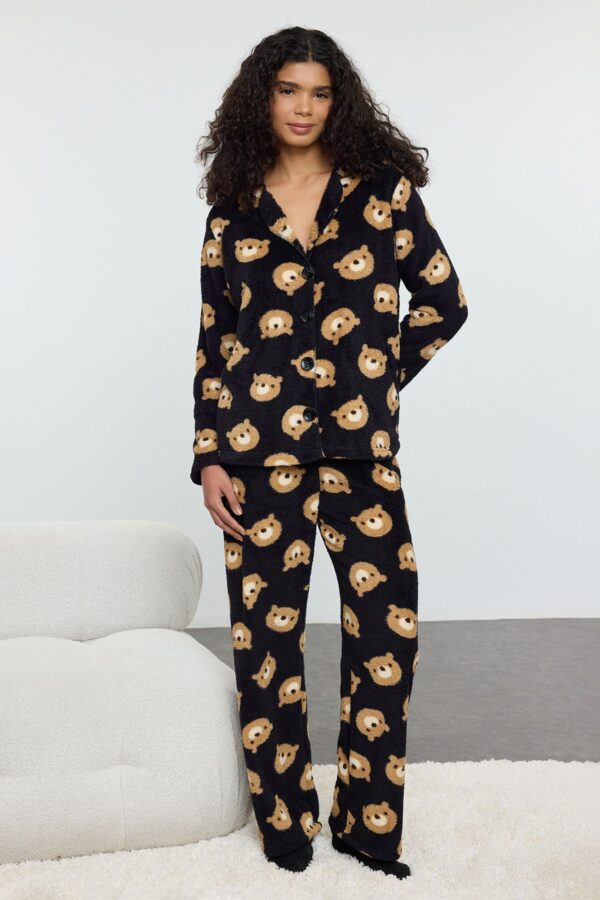 Trendyol Black Teddy Bear Wellsoft Winter Knitted Pajama Set