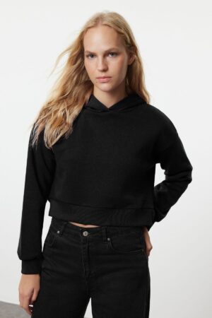 Trendyol Black Thick Fleece Hooded Relaxed Cut Crop Basic Knitted Sweatshirt Trendyol Black Thick Fleece Hooded Relaxed Cut Crop Basic Knitted Sweatshirt