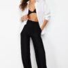Trendyol Black Thick Striped Straight/Straight Cut Stretchy Trousers
