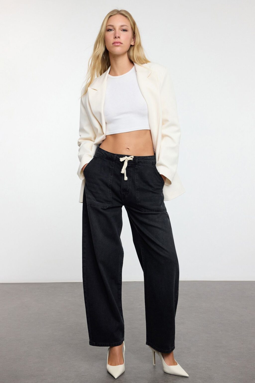 Trendyol Black Tie Detail High Waist Barrel Baggy Jeans