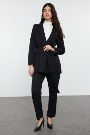 Trendyol Black Tie Detail Lined Crepe Jacket-Pants Woven Bottom-Top Set