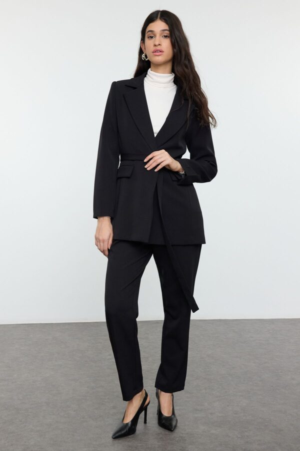Trendyol Black Tie Detail Lined Crepe Jacket-Pants Woven Bottom-Top Set