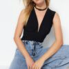 Trendyol Black Tie Detail V Neck Fitted/Situated Elastic Snaps Knitted Bodysuit