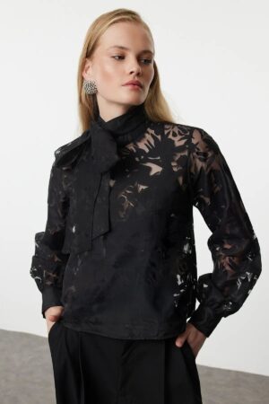 Trendyol Black Tie Detailed Jacquard Blouse Trendyol Black Tie Detailed Jacquard Blouse