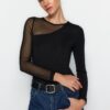 Trendyol Black Tulle Detailed Stretchy Knitted Bodysuit